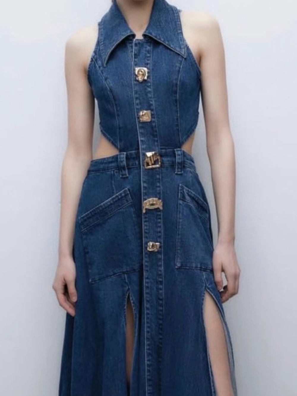 Urban Revivo Cut Out Sleeveless Maxi Denim Dress US 8 - Picture 4 of 10